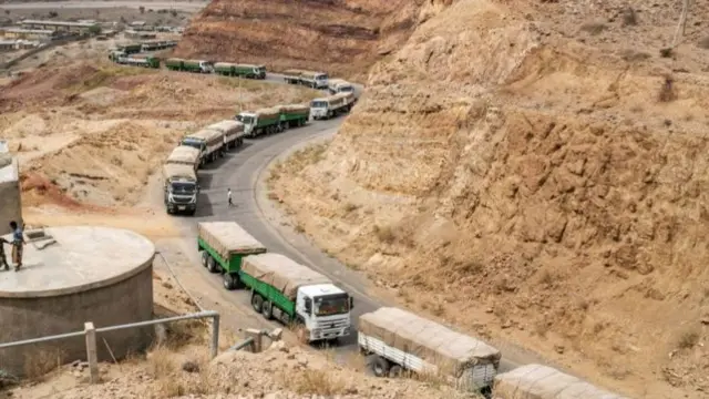 A convoy of trucks part of the World Food Programme (WFP) on their way to Tigray