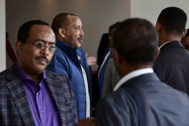 Getachew Reda (2nd L), advisor to the President of the Tigray Region, Debretsion Gebremichael and the spokesperson for the Tigray People's Liberation Front (TPLF), attends alongside Ethiopia's national security adviser Redwan Hussein (L) the start of the senior commanders meeting on the implementation of the cessation of hostilities agreement between the government of Ethiopia and the Tigray People's Liberation Front in Nairobi on November 7, 2022.