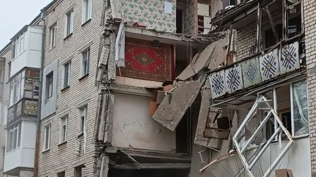 A general view of a residential building heavily damaged by a Russian missile attack, as Russia's attack on Ukraine continues, in Mykolaiv