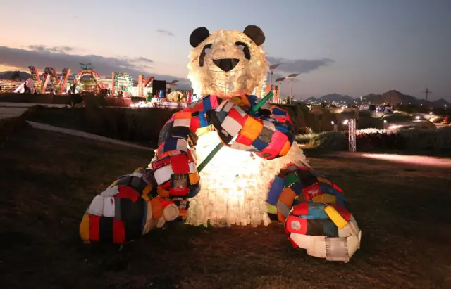 Panda made of plastic waste in Sharm el-Sheikh during the 2022 United Nations Climate Change Conference (COP27), in Sharm El-Sheikh, Egypt, 09 November 2022