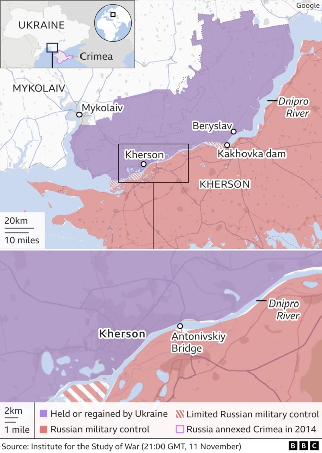 Map showing Russian control of Kherson in Ukraine