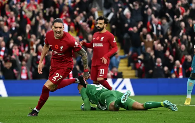 Darwin Nunez celebrates scoring for Liverpool v Southampton