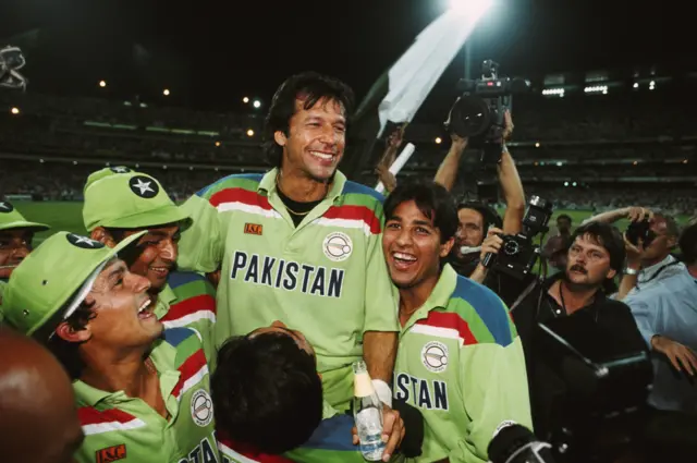 Pakistan celebrate beating England to win the 1992 50-over World Cup