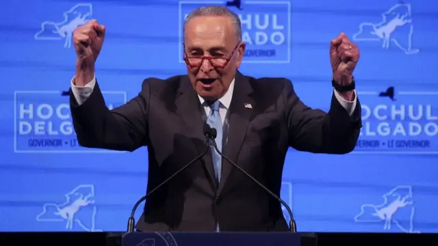 U.S. Senate Democratic leader Chuck Schumer (D-NY) speaks at a U.S. midterm election night party for New York Governor Kathy Hochul in New York, New York, U.S. November 8, 2022. REUTERS/Brendan McDermid