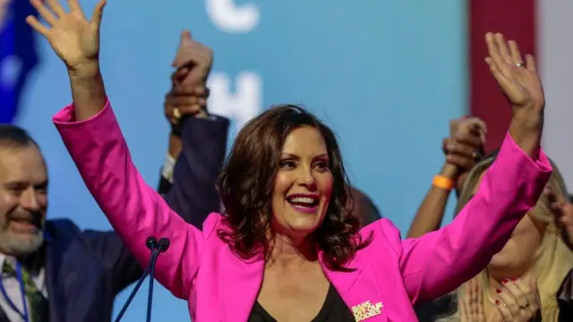 Democratic Michigan Governor Gretchen Whitmer reacts during her 2022 US midterm elections night party in Detroit, Michigan, on 9 November 2022