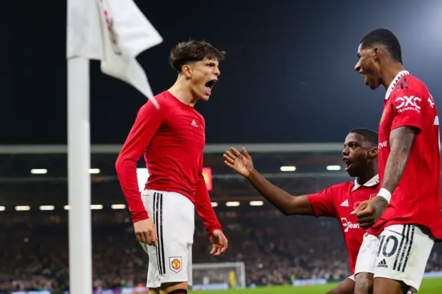 Alejandro Garnacho celebrates scoring the winner for Manchester United.