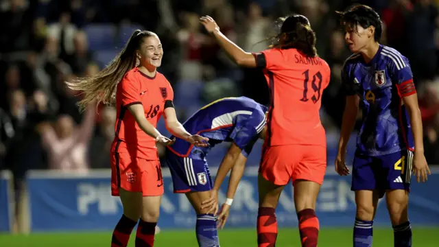 Jess Park of England celebrates scoring their team's fourth goal with teammate Ebony Salmon during the International Friendly between England and Japan