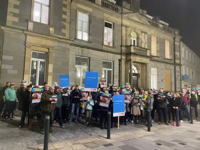 Protestors gather outside Enniskillen's town hall