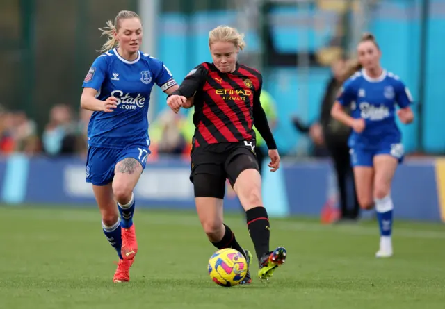 Manchester City's Julie Blakstad in action with Everton's Lucy Graham