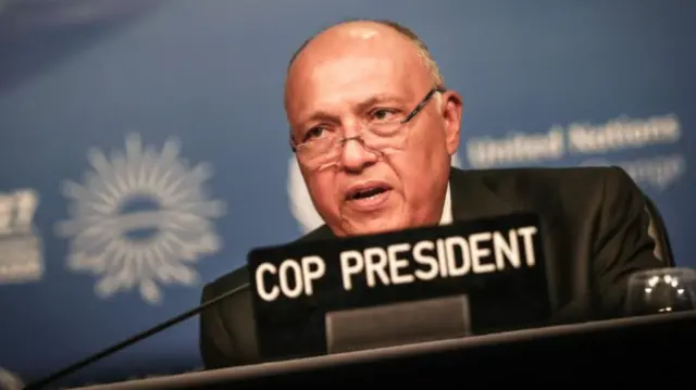 COP27 President and Egypt's Foreign Minister Sameh Shoukry speaks at the 2022 United Nations Climate Change Conference (COP27), in Sharm El-Sheikh, Egypt, 18 November 2022