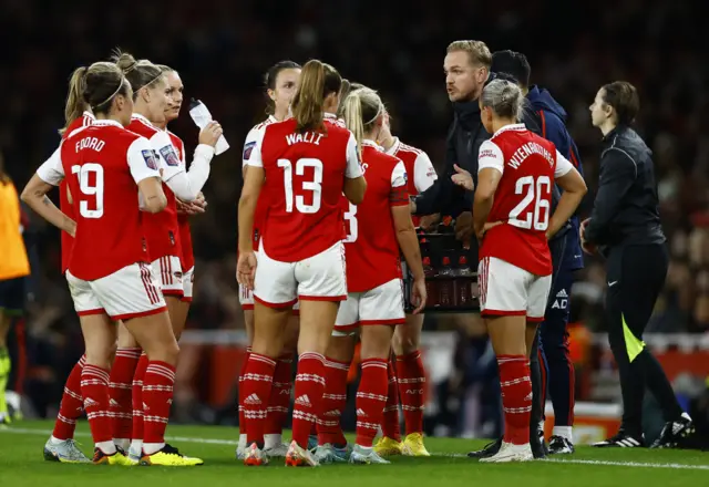 Jonas Eidevall talks to the Arsenal players