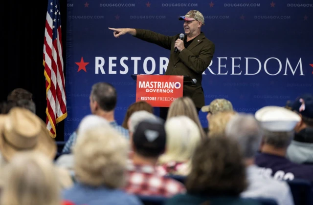 Republican candidate for Pennsylvania governor, Doug Mastriano, speaks at an event ahead of the midterm elections in State College, Pennsylvania