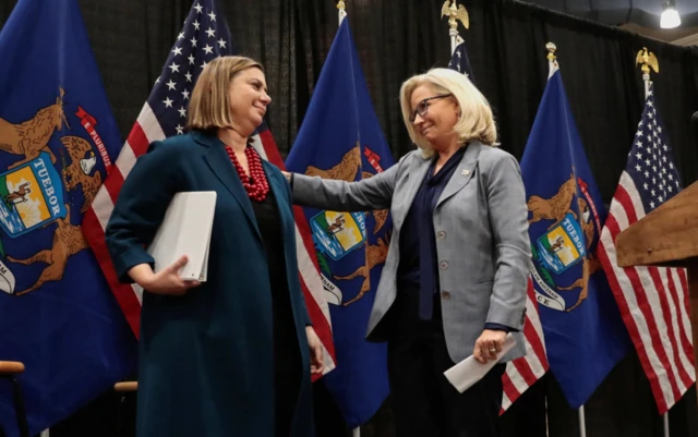 Republican congresswoman Liz Cheney endorses Democrat congresswoman Elissa Slotkin for Congress in Lansing, Michigan