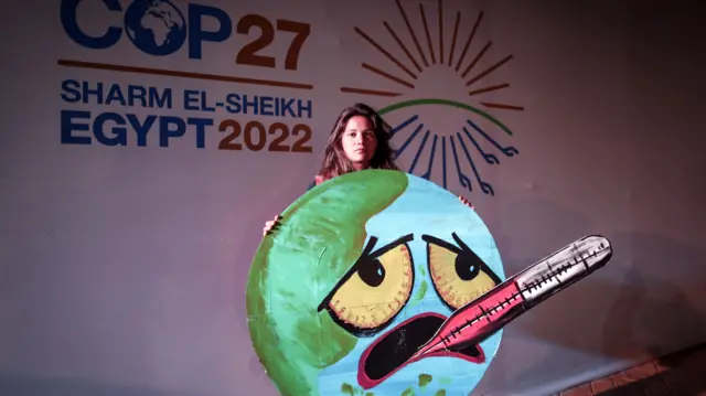 Activists holds a sign in the shape of the Earth with a thermometer in its mouth, at COP27