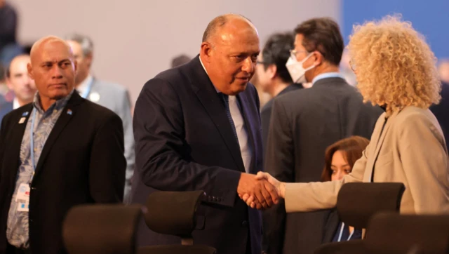 President Sameh Shoukry greets delegates during the closing plenary at the COP27 climate summit in Red Sea resort of Sharm el-Sheikh