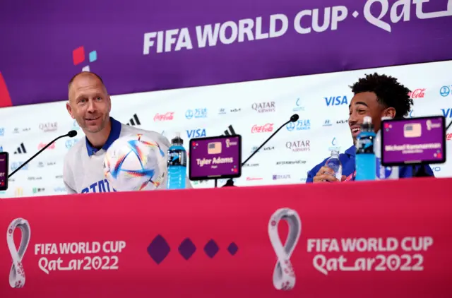 ead Coach of United States Gregg Berhalter (L) and Tyler Adams attend the USA Press Conference at the Main Media Center on November 20, 2022 in Doha, Qatar