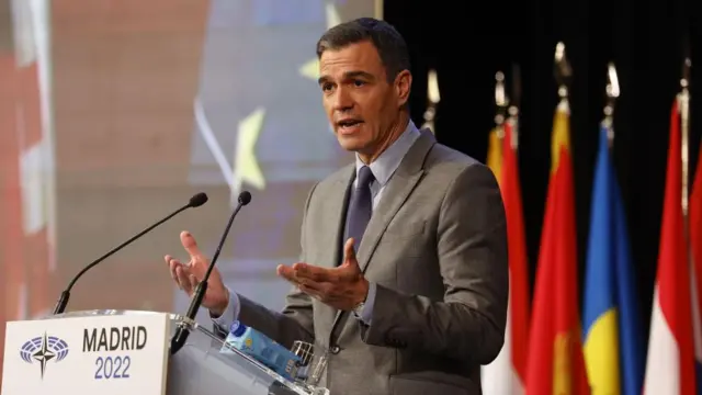 Spanish Prime Minister Pedro Sanchez delivers a speech during the plenary session of the 68th NATO Parliamentary Assembly in Madrid, Spain, 21 November 2022.