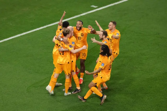 Netherlands celebrate their first goal against Senegal