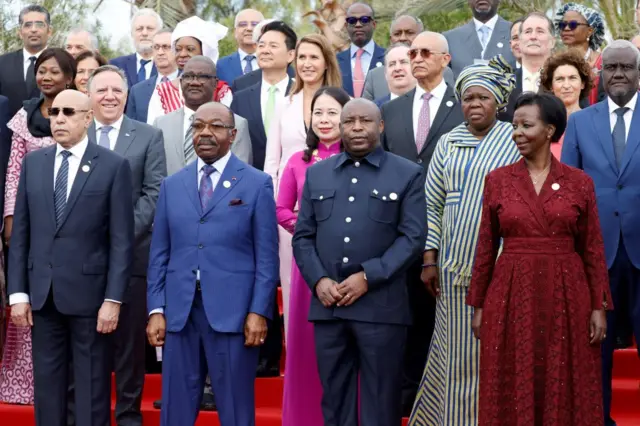 Mauritania's President Mohamed Ould Ghazouani, Gabon's President Ali Bongo, Burundi's President Evariste Ndayishimiye, Secretary General of Organisation Internationale de la Francophonie (OIF) Louise Mushikiwabo and other heads of Francophone countries pose for a group picture during the 18th Francophone countries Summit in Djerba on November 19, 2022.