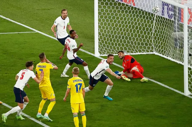 Jordan Henderson celebrates scoring against Ukraine at Euro 2020