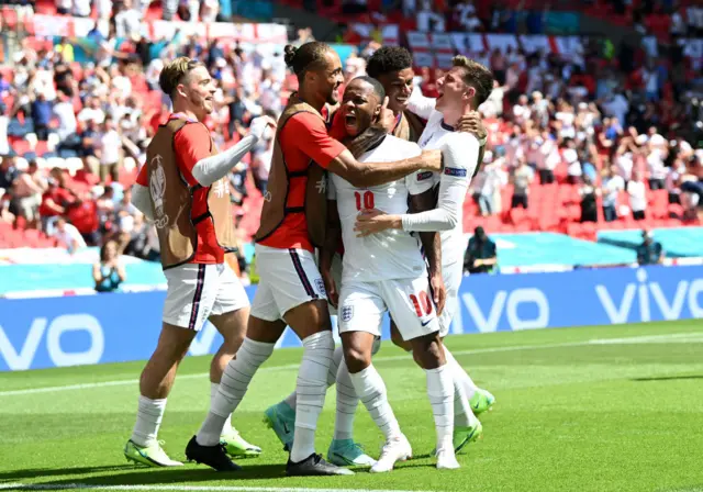 Raheem Sterling and team-mates celebrate his goal against Croatia at Euro 2020