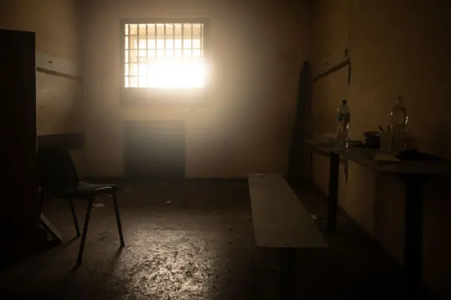 Inside a cell at a preliminary detention centre which is believed to have been used by Russian forces to jail and torture civilians