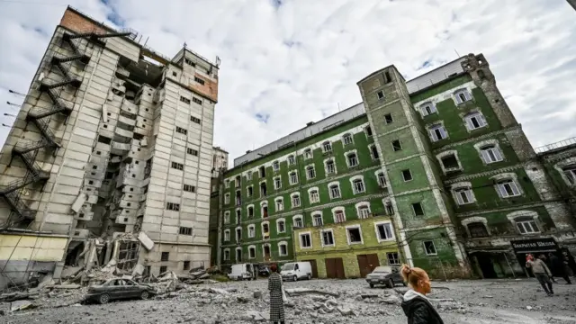 A view of buildings destroyed in Zaporizhzhia from a Russian missile strike in October