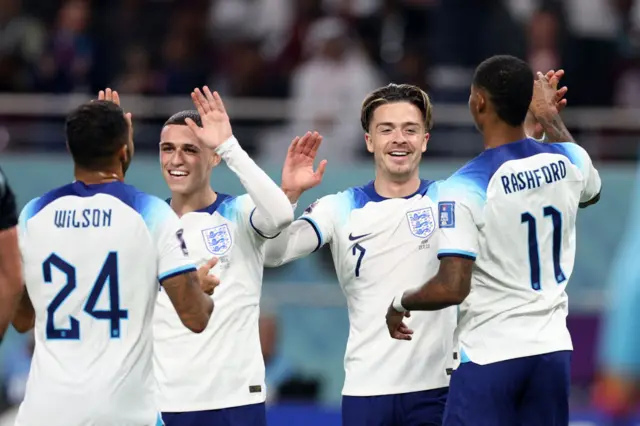 Jack Grealish, Callum Wilson, Phil Foden and Marcus Rashford celebrate Grealish's goal