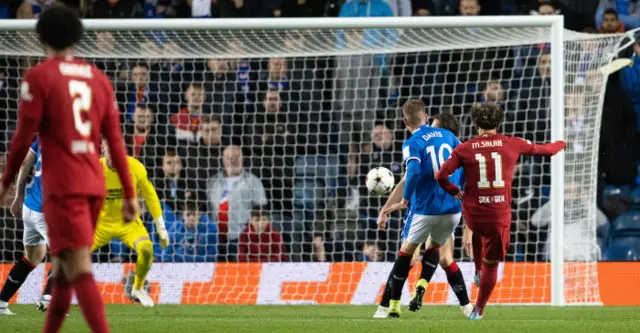 Mo Salah scored a six-minute hat-trick at Ibrox