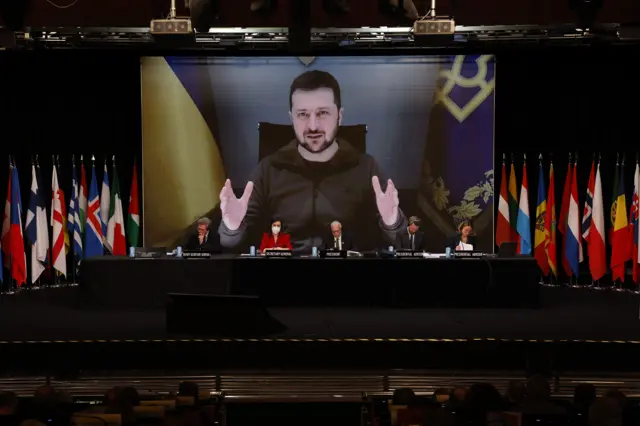 President Volodymyr Zelensky conducts a video address during the 68th Nato Parliamentary Assembly in Madrid