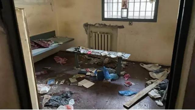 An alleged Russian torture chamber, with debris scattered across the floor