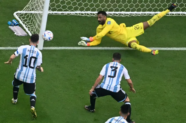 Lisandro Martinez of Argentina has a shot saved