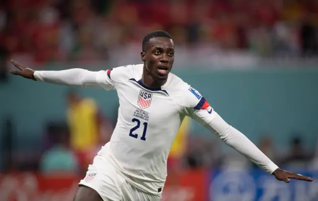 Timothy Weah of USA celebrates scoring during the FIFA World Cup Qatar 2022