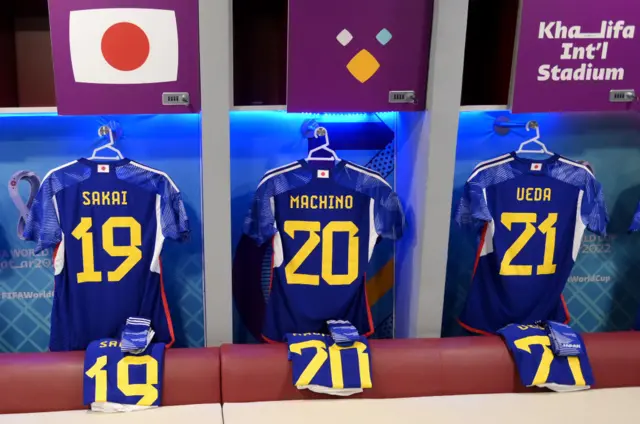 Japan shirts hanging up in their dressing room