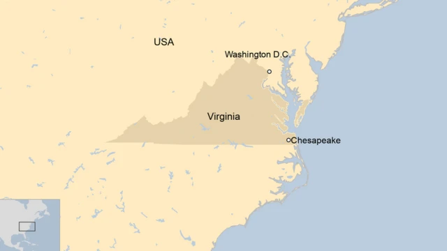 Map highlighting where Chesapeake is in Virginia