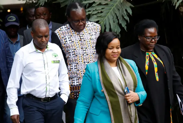 Independent Electoral and Boundaries Commission (IEBC) Vice-Chairperson Juliana Cherera and commissioners Francis Wanderi, Irene Masit and Justus Nyang'aya, arrive to address a news conference where they disowned the presidential elections results in Nairobi, Kenya August 16, 2022.