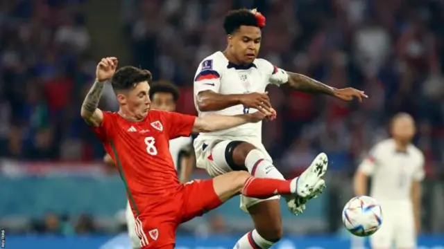 Wales midfielder Harry Wilson challenges Weston McKennie during the 1-1 draw with USA