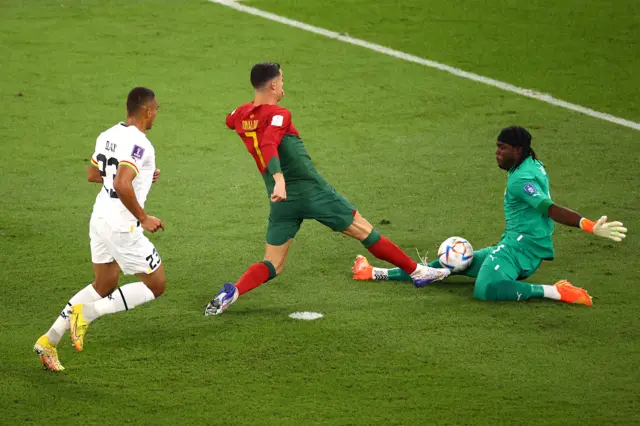 Ghana's goalkeeper Lawrence Ati Zigi saves an attempt by Cristiano Ronaldo