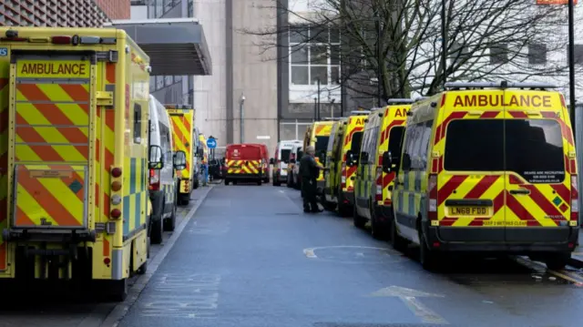 Ambulances queue outside the Royal London Hospital in Whitechapel