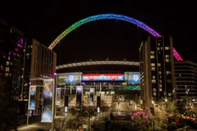 Wembley arch with rainbow colours