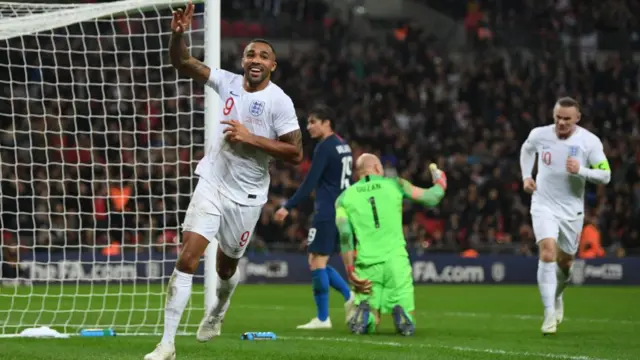 Callum Wilson celebrates scoring for England