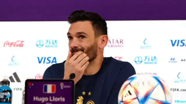 France Goalkeeper and Captain Hugo Lloris speaking at a press conference in Qatar