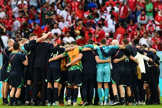 Australia squad celebrate after World Cup win over Tunisia in Qatar