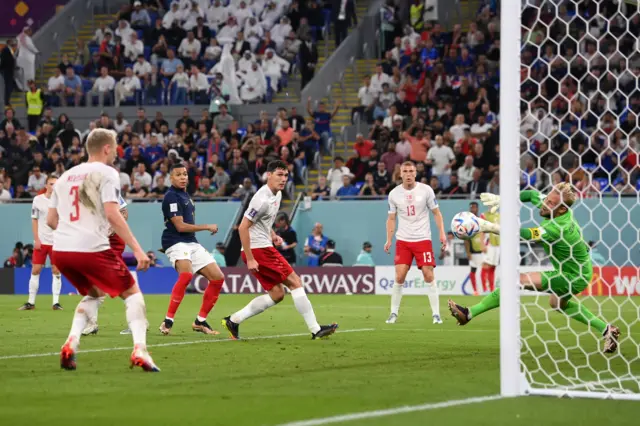 Kylian Mbappe opens the scoring for France against Denmark