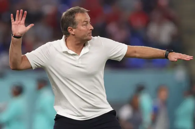 Head coach Kasper Hjulmand of Denmark reacts during the FIFA World Cup 2022 group D soccer match between France and Denmark at Stadium 947 in Doha, Qatar