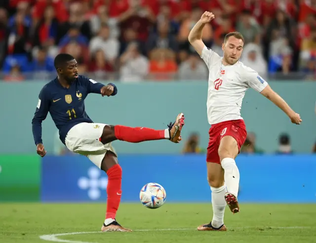 France's Ousmane Dembele has a shot blocked against Denmark