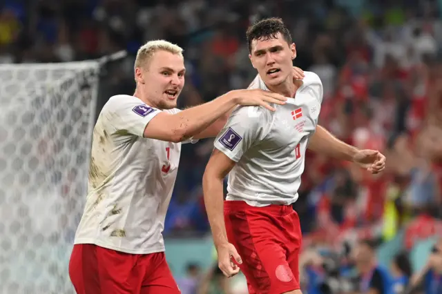 Andreas Christensen of Denmark celebrates with Victor Nelsson after scoring their team's first goal during the FIFA World Cup Qatar 2022 Group D match between France and Denmark at Stadium 974