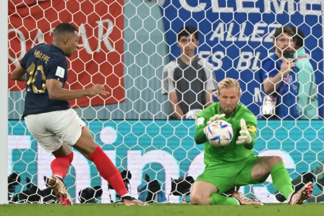 rance's forward #10 Kylian Mbappe (L) challenges Denmark's goalkeeper #01 Kasper Schmeichel during the Qatar 2022 World Cup Group D football match between France and Denmark at Stadium 974 in Doha