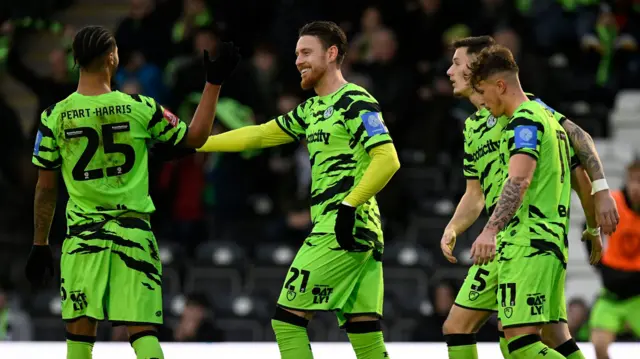 Forest Green celebrate Connor Wickham's goal