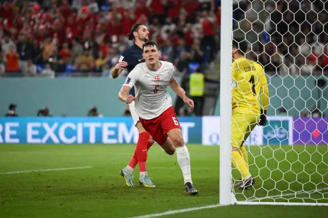 Andreas Christensen celebrates equalising for Denmark against France